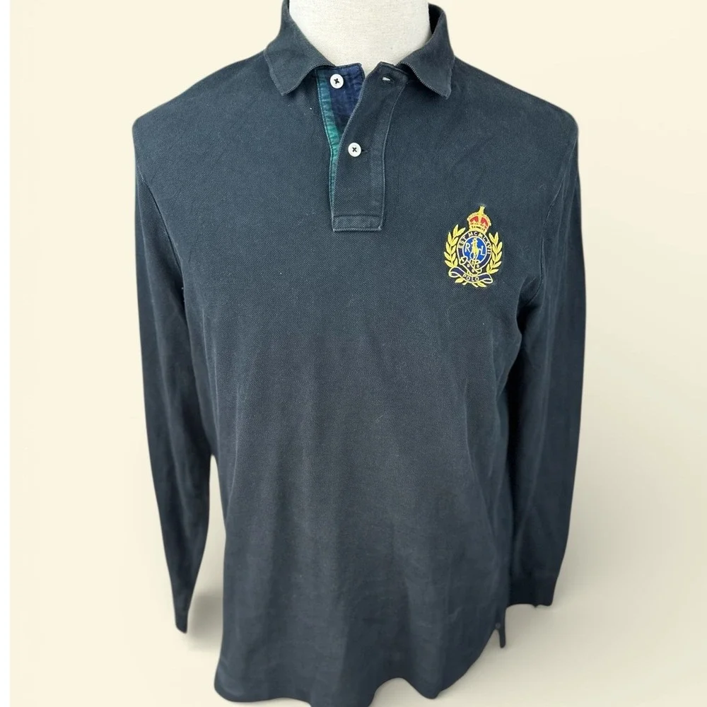 Polo Ralph Lauren Mens SZ MED Black Classic Fit Long Sleeve Crest‎ Polo Shirt